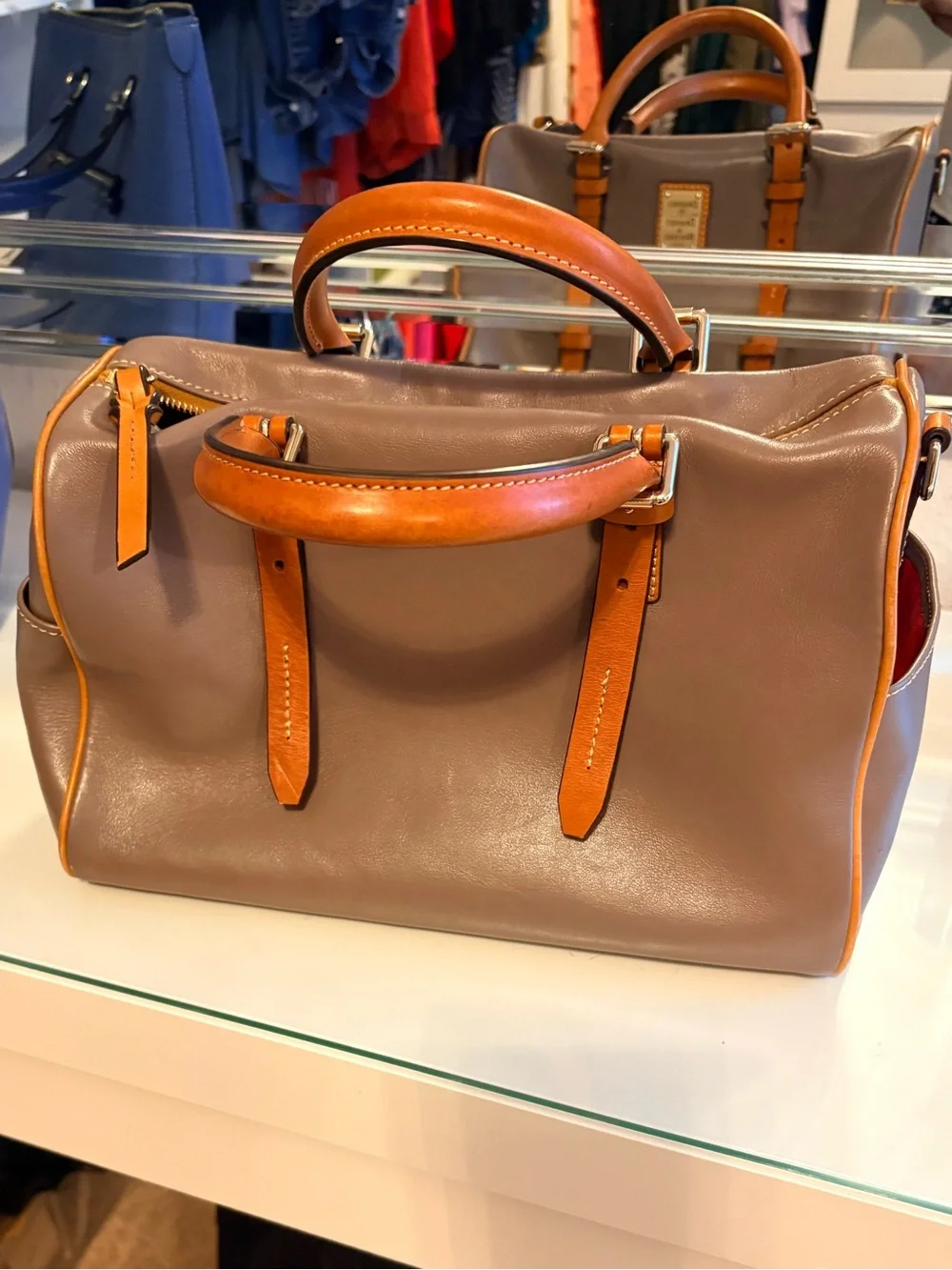 Dooney & Bourke Taupe Leather Brief with Tan Trim and Handles